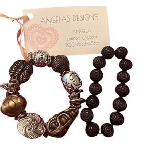 NWT Angelas Designs 2 stretchy bracelets 1 brown beads 1 silver gold bronze